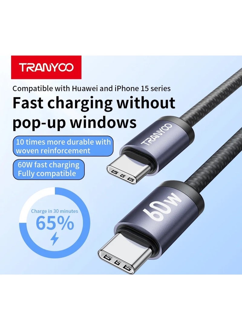 ترانيوو كابل شحن سريع USB-C إلى USB-C بقوة 60 واط – تصميم مضفر متين، شحن ونقل بيانات سريع، متوافق مع آيفون 15 وأجهزة أندرويد وUSB-C - Image 5