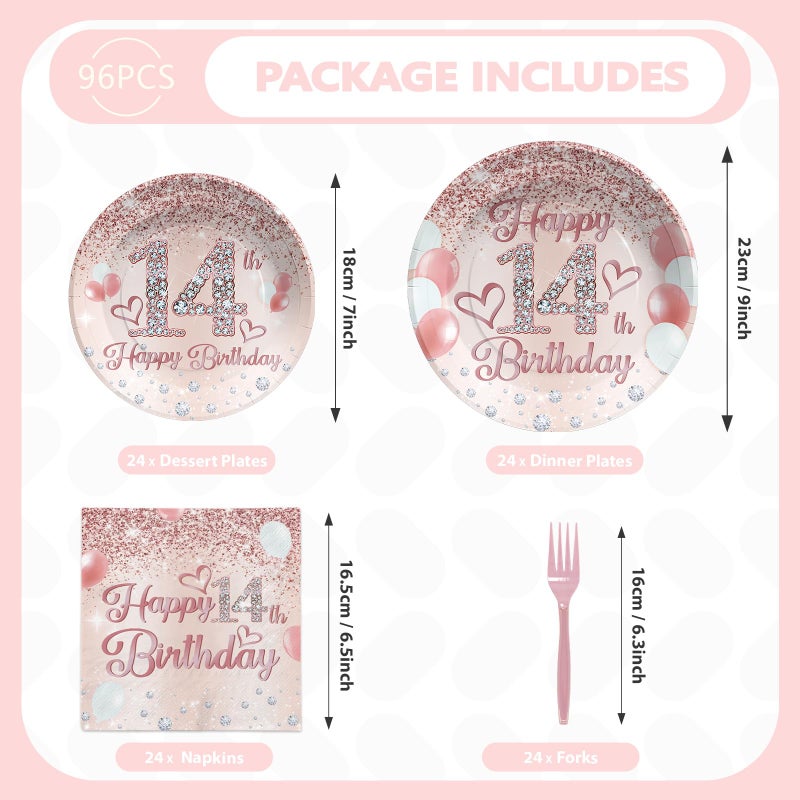 Grencian 96Pcs 14th Birthday Party Supplies Disposable Rose Gold 14 Year Old Birthday Plates Napkins Forks Tableware Set 14th Birthday Decorations for Girls Happy 14th Birthday Fabulous Party Serve 24 - Image 2