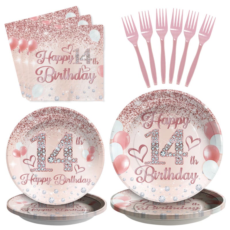 Grencian 96Pcs 14th Birthday Party Supplies Disposable Rose Gold 14 Year Old Birthday Plates Napkins Forks Tableware Set 14th Birthday Decorations for Girls Happy 14th Birthday Fabulous Party Serve 24 - Image 1