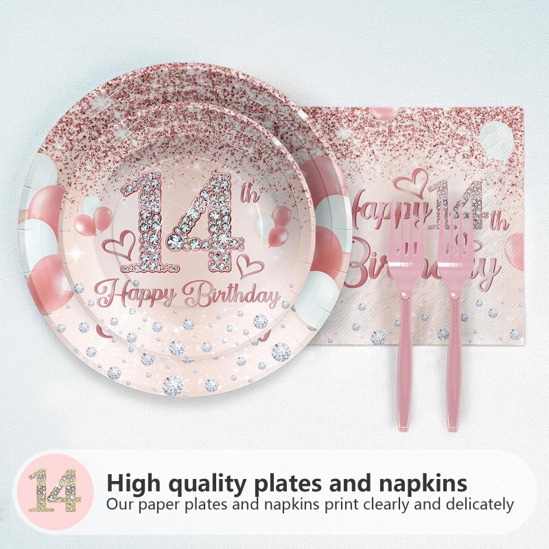 Grencian 96Pcs 14th Birthday Party Supplies Disposable Rose Gold 14 Year Old Birthday Plates Napkins Forks Tableware Set 14th Birthday Decorations for Girls Happy 14th Birthday Fabulous Party Serve 24 - Image 3