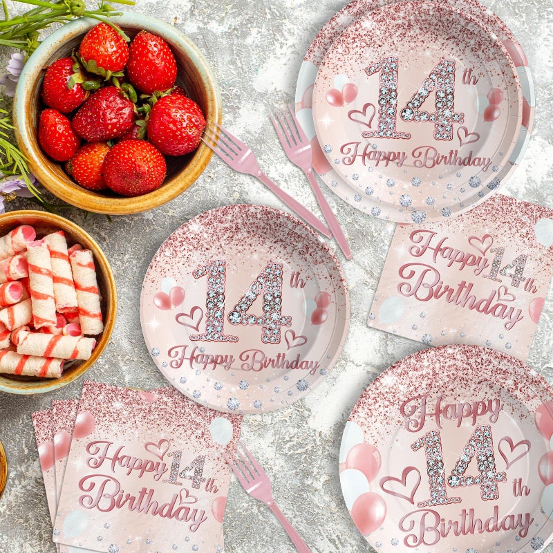 Grencian 96Pcs 14th Birthday Party Supplies Disposable Rose Gold 14 Year Old Birthday Plates Napkins Forks Tableware Set 14th Birthday Decorations for Girls Happy 14th Birthday Fabulous Party Serve 24 - Image 5