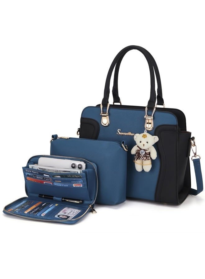 Soperwillton Purses for Women Crossbody Shoulder Handbags Top Handle Satchel Tote Bag Wallet Set 3pcs, Blackblue, Large - Image 1