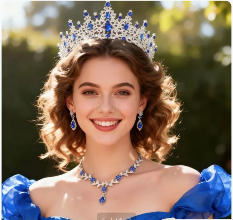 Kamirola Tiaras and Crowns for Women,Tiaras Earrings Necklace, Crystal Bridal Jewelry Set (TR48) (Blue Silver) - Image 3