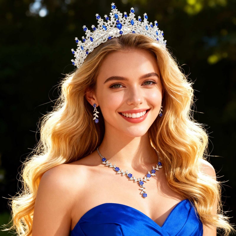 Kamirola Tiaras and Crowns for Women,Tiaras Earrings Necklace, Crystal Bridal Jewelry Set (TR48) (Blue Silver) - Image 2