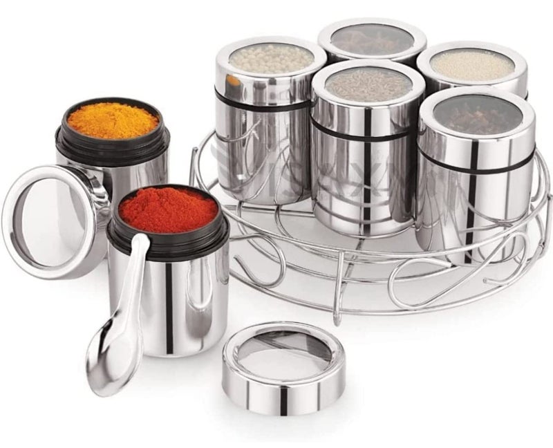 STEEPLE Masala Box for Kitchen Steel Masala Dabba Masala Dani for Kitchen See through lid 7 containers and 7 Spoon Silver 7 In 1 - Image 1