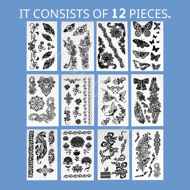 bonballoon 12 Sheets Temporary Self Adhesive Transfer Arabic Arabian Tattoo Tattoos Stickers Black Waterproof Sticker Islamic Muslim Islam Body Henna Word Ramadan Eid Stencils Stencil Temples Body Art Designs - Image 4