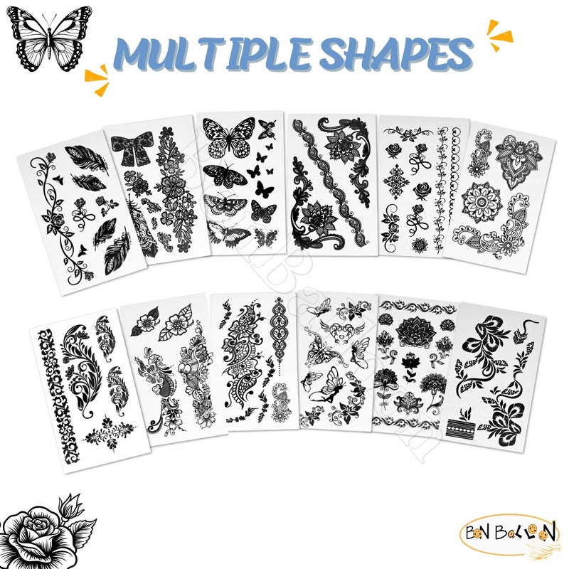 bonballoon 12 Sheets Temporary Self Adhesive Transfer Arabic Arabian Tattoo Tattoos Stickers Black Waterproof Sticker Islamic Muslim Islam Body Henna Word Ramadan Eid Stencils Stencil Temples Body Art Designs - Image 5