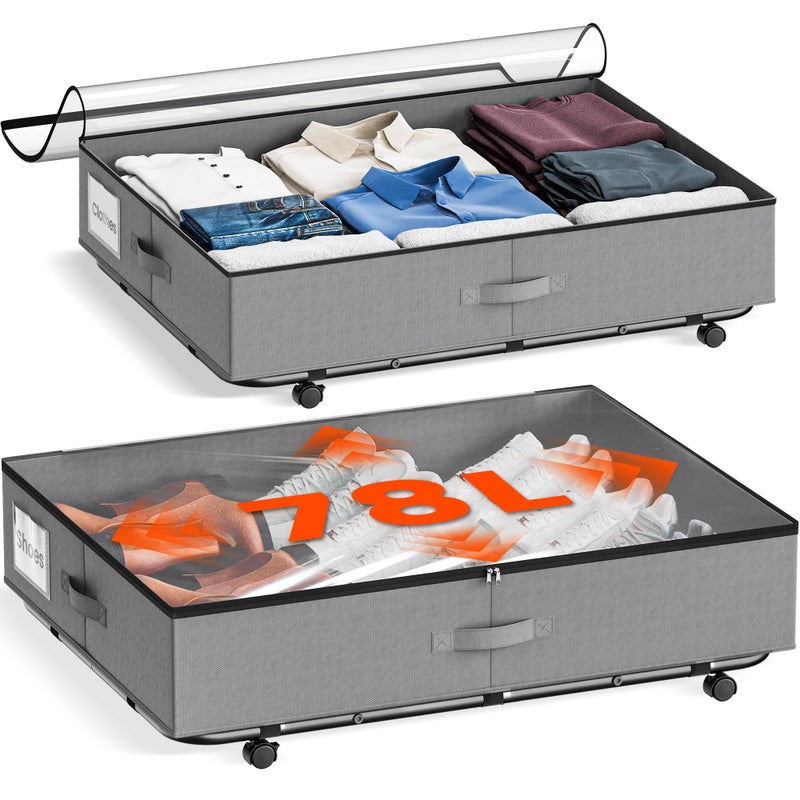 GEMWON XXXL 78L Under Bed Storage with Wheels, Rolling Storage Containers with Clear Lid & Label, Heavy-Duty Metal Frame, Easy Pull-out, Underbed Storage Bins for Clothes, Shoes, Blankets, and Toys(2PACK) - Image 1