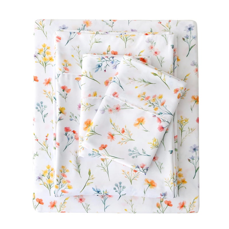 Viviland Floral Full Sheet Set - 4 Piece Vintage Botanical Flower and Leaves Patterned Bed Sheets - Soft, Breathable Microfiber Sheets with Deep Pocket, Non-Slip Fitted Sheets & Pillowcases - Image 1