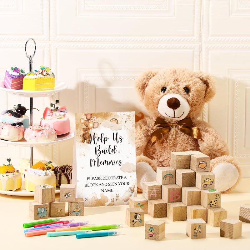 Dinifee 125 Pcs Baby Shower Decorate a Block Game Set Includes Help Us Build Memories Sign 100 DIY Blank Wooden Block 24 Paint Marker Prize for Wedding Baby Shower Game(Brown Bear) - Image 4