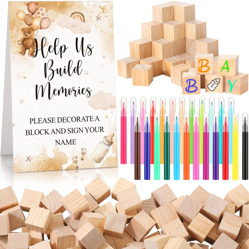 Dinifee 125 Pcs Baby Shower Decorate a Block Game Set Includes Help Us Build Memories Sign 100 DIY Blank Wooden Block 24 Paint Marker Prize for Wedding Baby Shower Game(Brown Bear) - Image 1
