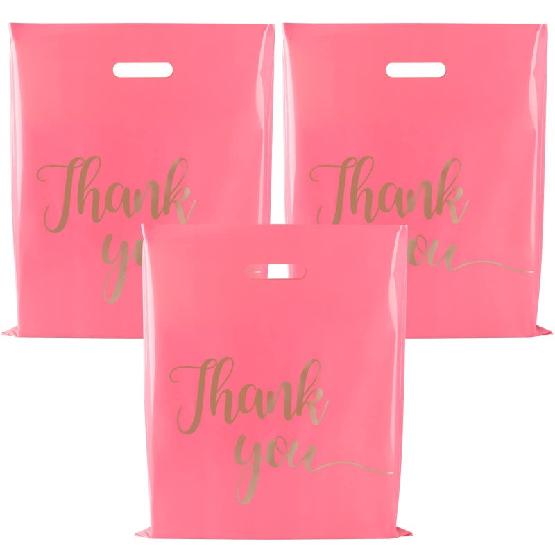 ZORRITA 100 Pack Thank You Bags for Small Business 15 x 18 Inch Plastic Shopping Bags with Handles Retail Merchandise Bag Extra Thick Gift Bag Bulk Pink