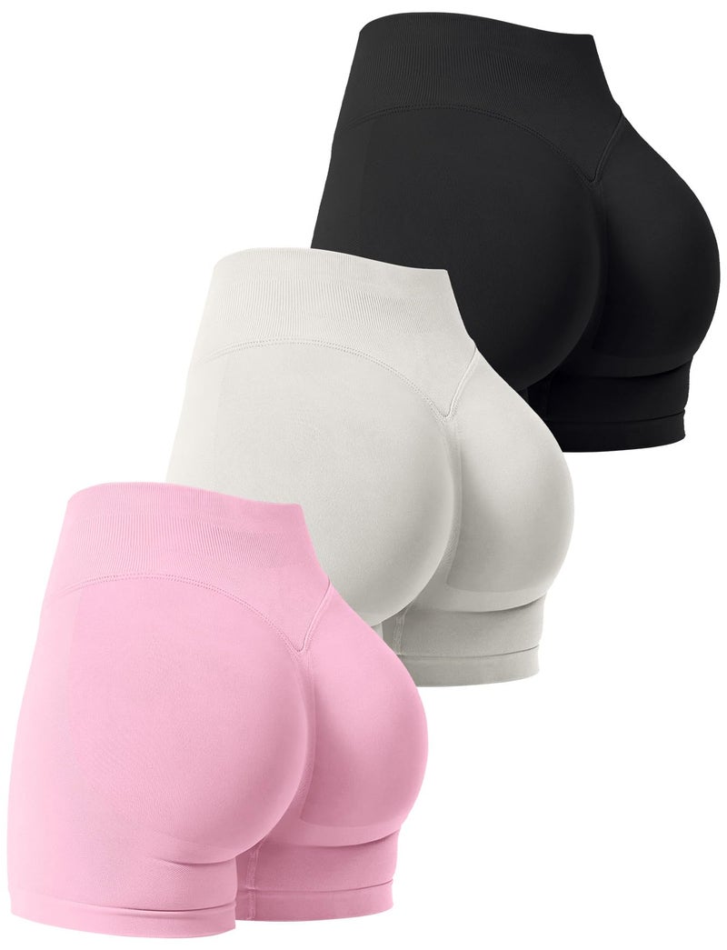 Niipty 3 Pack Workout Gym Shorts Women Scrunch Butt Lifting Seamless High Waist Yoga Booty Shorts for Women - Black+Grey+Pink M - Image 1