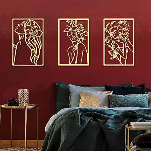 CHENGU Metal Wall Art 3 Pieces Gold Floral Style Minimalist Abstract Woman Line Drawing Wall Art Decor for Kitchen Bathroom Living Room - Image 1