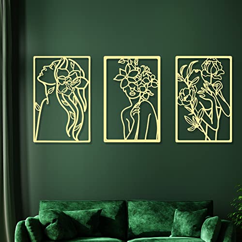CHENGU Metal Wall Art 3 Pieces Gold Floral Style Minimalist Abstract Woman Line Drawing Wall Art Decor for Kitchen Bathroom Living Room - Image 3