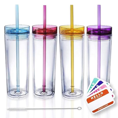 STRATA CUPS SKINNY TUMBLERS 4 Colored Acrylic Tumblers with Lids and Straws  Skinny 16oz Double Wall Clear Plastic Tumblers With FREE Straw Cleaner  Name Tags Multicolor 4