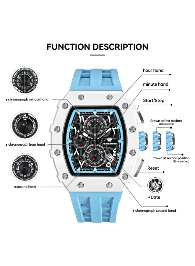 TSAR BOMBA ساعات تسار بومبا رجالي فاخرة مربعة كرونوغراف مقاومة للماء  متر زجاج ياقوتي حركة كوارتز يابانية حزام سيليكون تصميم تونيو كلاسيكي مضيئة تقويم ساعات يد - Image 5