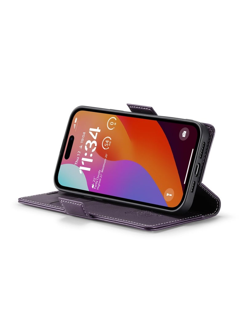 CaseMe Phone Case Luxury PU Leather Design Anti Fingerprint 023 Flip Cover Card Slot Holder Cover For Iphone 15 Pro Max (Purple) - Image 2