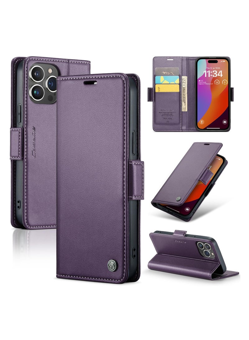 CaseMe Phone Case Luxury PU Leather Design Anti Fingerprint 023 Flip Cover Card Slot Holder Cover For Iphone 15 Pro Max (Purple) - Image 1