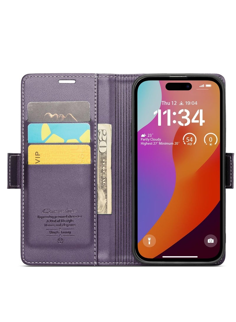CaseMe Phone Case Luxury PU Leather Design Anti Fingerprint 023 Flip Cover Card Slot Holder Cover For Iphone 15 Pro Max (Purple) - Image 3
