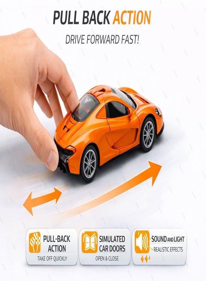 SQUIDSY McLaren Toy Car Model 1:36 Scale Die-cast Metal Pull Back Vehicle with Openable Doors, Lights & Music, Sports Model for Kids, Boys & Collectors (Orange) - Image 4