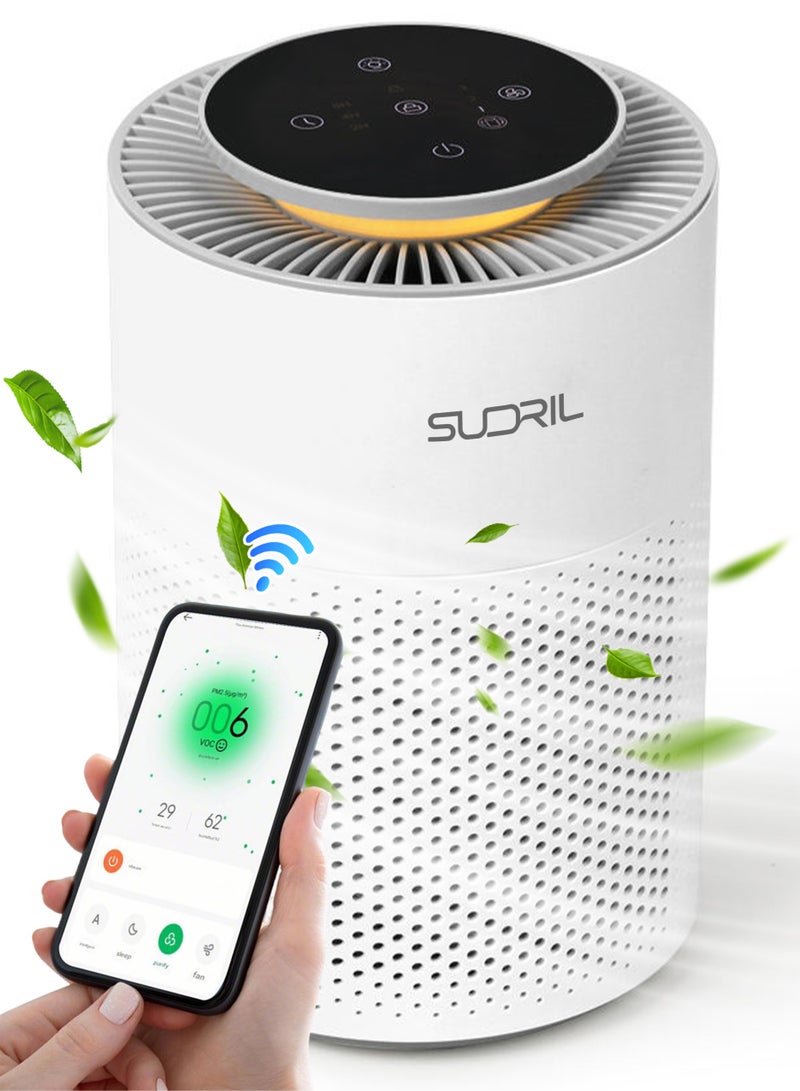 SUDRIL Smart Air Purifier for Bedroom, Suitable for 20 m² (215 ft²), Desktop Filter Air Purifier with Smart WiFi (Mobile App Control), 3 Speed Settings and 3 Timers, H13 True HEPA Air Filter Cleaner, Adjustable Lighting, Quiet Sleep Mode, Removes Allergens, Dust, Pollen, Smoke, and Odors, White - Image 1