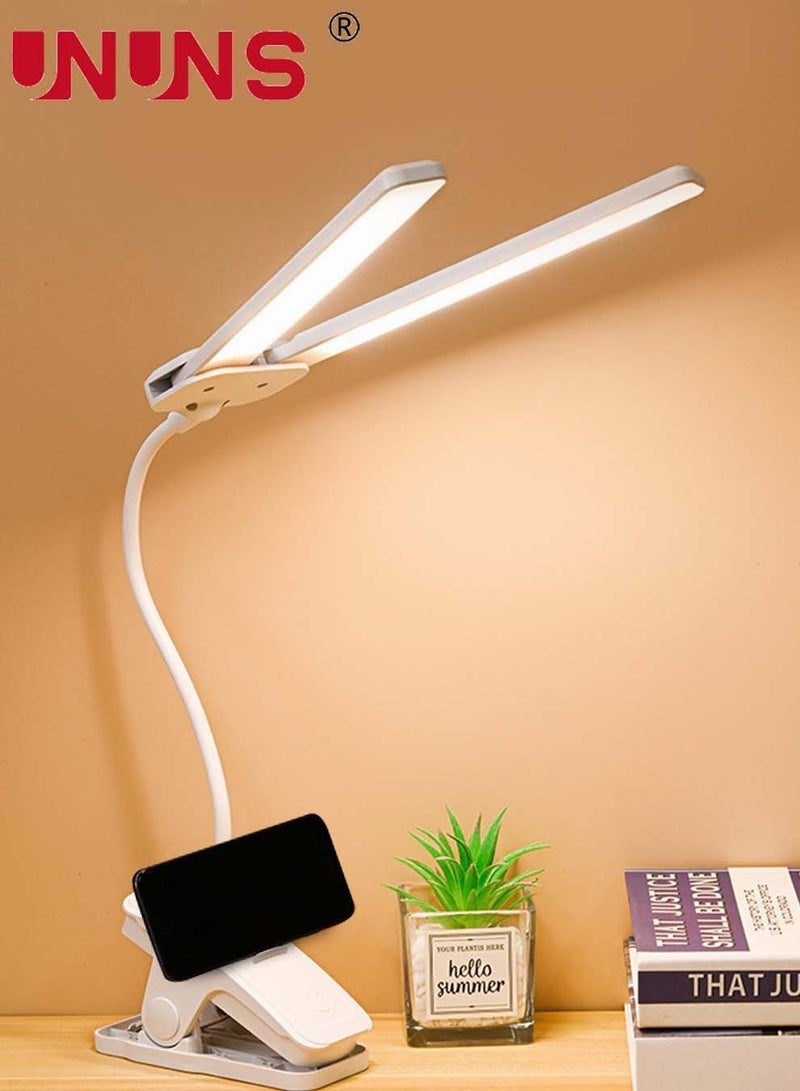 UNUNS 2-In-1 LED Desk Lamp,3 Color Modes,Stepless Dimmable Double Head Desk Lamps For Home Reading,USB Rechargeable,Light Laptop Lamp With Phone Holder Slot,LED Clip Table Lamp - Image 1