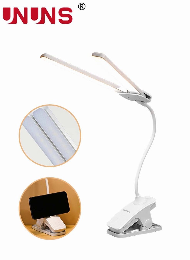 UNUNS 2-In-1 LED Desk Lamp,3 Color Modes,Stepless Dimmable Double Head Desk Lamps For Home Reading,USB Rechargeable,Light Laptop Lamp With Phone Holder Slot,LED Clip Table Lamp - Image 5