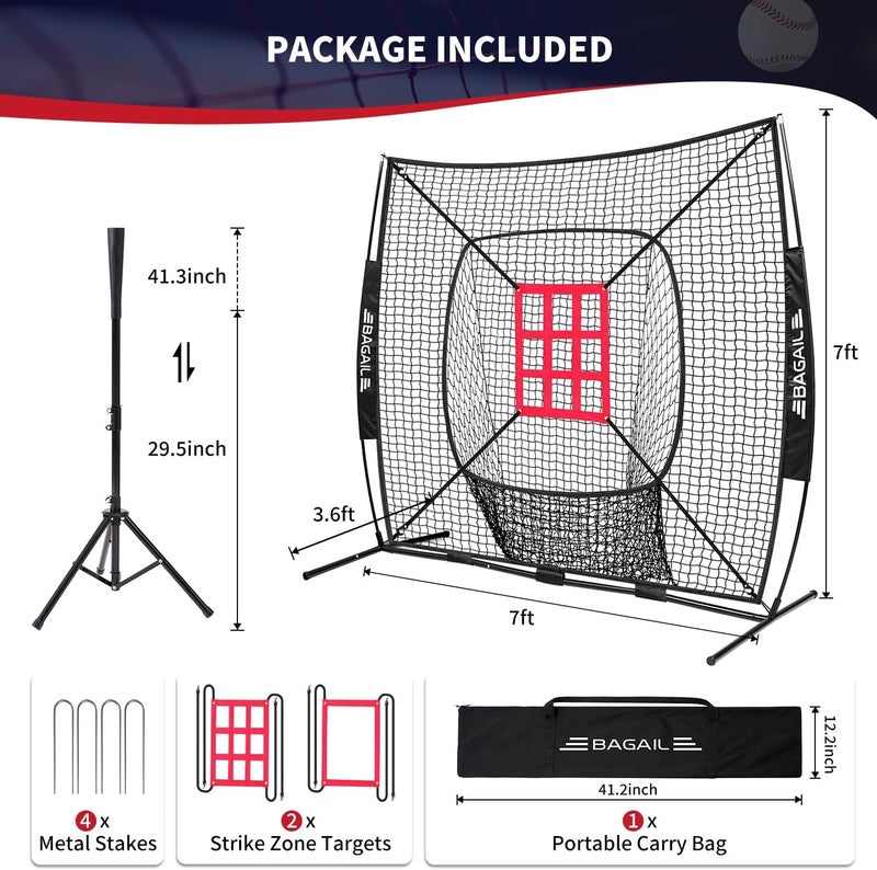 BAGAIL BAGAIL 7x7 ft Baseball  Softball Practice Net with Bow Frame for Batting Hitting Pitching Portable Baseball Throwing Net with 2 Strike Zone Batting Tee Carry Bag Great for All Levels - Image 3