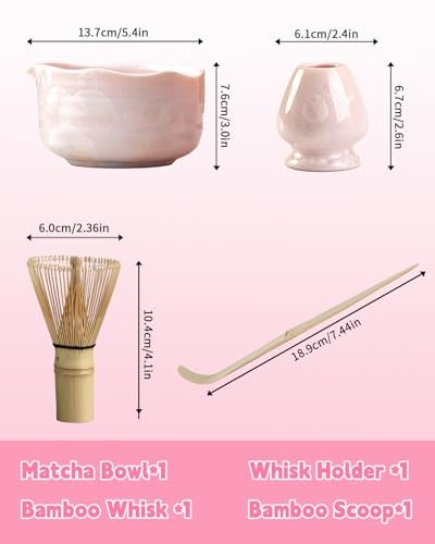 DIWU Natural Crystal Flower Matcha Set - 4 Pcs Food Grade Matcha Kit with Spouted Bowl, Matcha Whisk, Scoop and Chasen Holder - Matcha Tea Ceremony Gift for Matcha Lovers (Sakura Whisper) - Image 5
