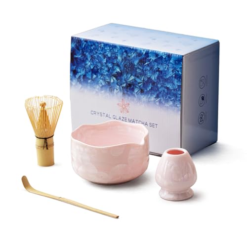 DIWU Natural Crystal Flower Matcha Set - 4 Pcs Food Grade Matcha Kit with Spouted Bowl, Matcha Whisk, Scoop and Chasen Holder - Matcha Tea Ceremony Gift for Matcha Lovers (Sakura Whisper) - Image 1