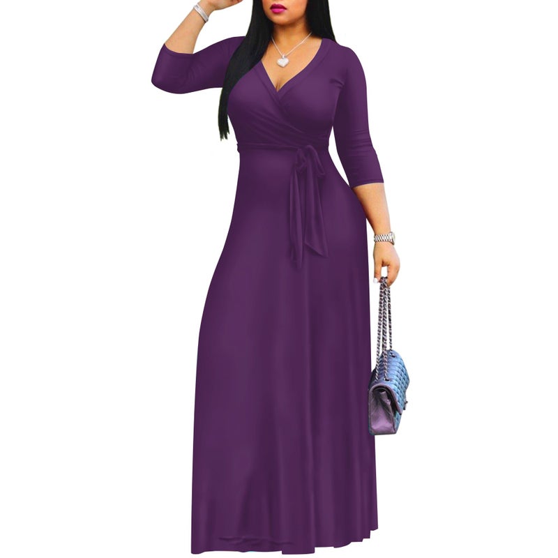 FANDEE Women's 2026 Maxi Dress - Solid Color Bohemian Summer Long Maxi Dress V-Neck 3/4 Sleeve Perple L - Image 2