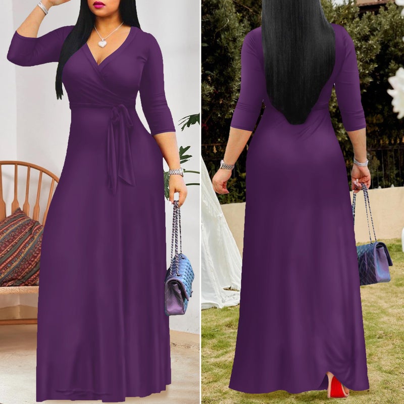 FANDEE Women's 2026 Maxi Dress - Solid Color Bohemian Summer Long Maxi Dress V-Neck 3/4 Sleeve Perple L - Image 5