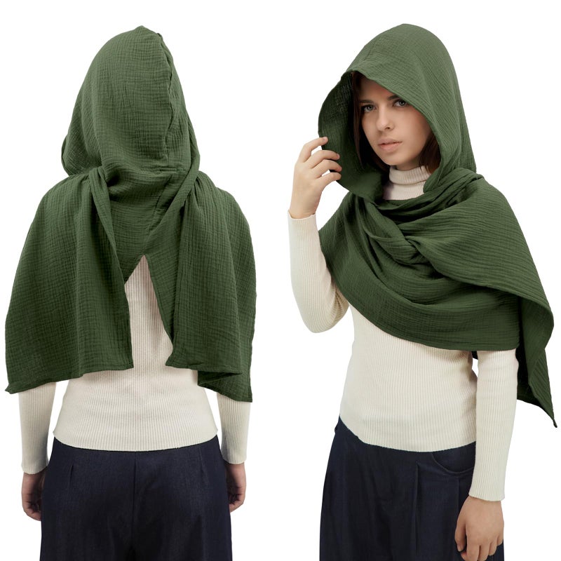 CosInStyle Women Men Fashion Shawl Scarf Cape | Multifunctional Hooded Cowl | Medieval Linen Cotton Cowl Hood |Vintage Goth Costume Accessory (Army Green) - Image 3