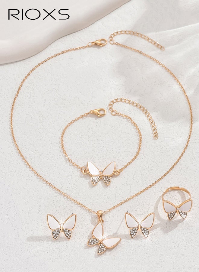 RIOXS 5Pcs Butterfly Earring Necklace Bracelet Ring Set -  Gold Plated Dainty Butterfly Jewelry Set with Cubic Zirconia, Birthday Presents for Women Girls - Image 2