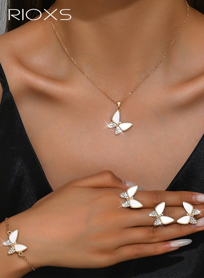 RIOXS 5Pcs Butterfly Earring Necklace Bracelet Ring Set -  Gold Plated Dainty Butterfly Jewelry Set with Cubic Zirconia, Birthday Presents for Women Girls - Image 1