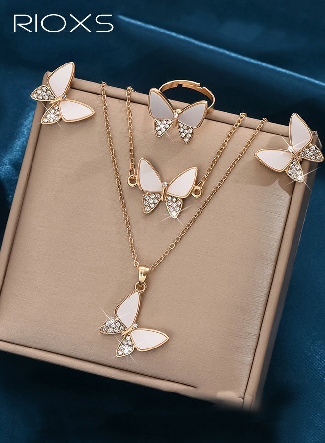 RIOXS 5Pcs Butterfly Earring Necklace Bracelet Ring Set -  Gold Plated Dainty Butterfly Jewelry Set with Cubic Zirconia, Birthday Presents for Women Girls - Image 3