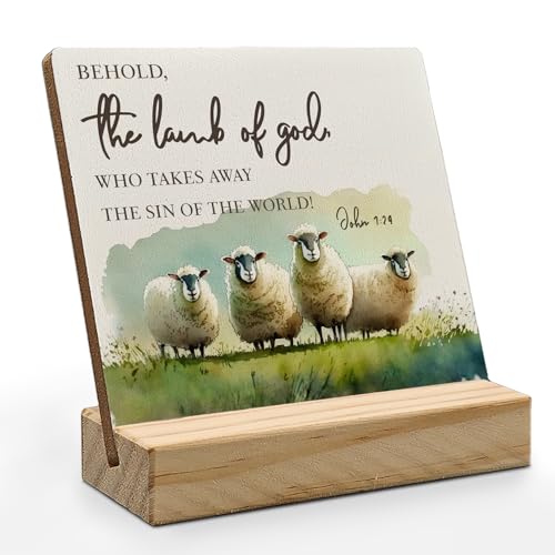 ANIANG Easter Christian Lamb Desk Decor, Lamb Decor, Religious Quotes Easter Wood Plaque, Christian Bible Verse the Lamb of God Wooden Plaque Sign with Wood Stand for Home Office Decor - Image 1
