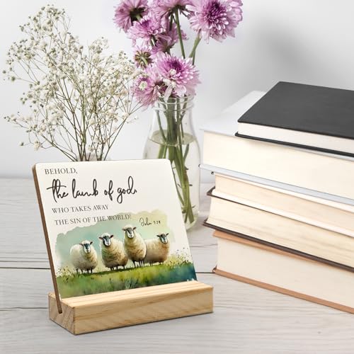 ANIANG Easter Christian Lamb Desk Decor, Lamb Decor, Religious Quotes Easter Wood Plaque, Christian Bible Verse the Lamb of God Wooden Plaque Sign with Wood Stand for Home Office Decor - Image 4