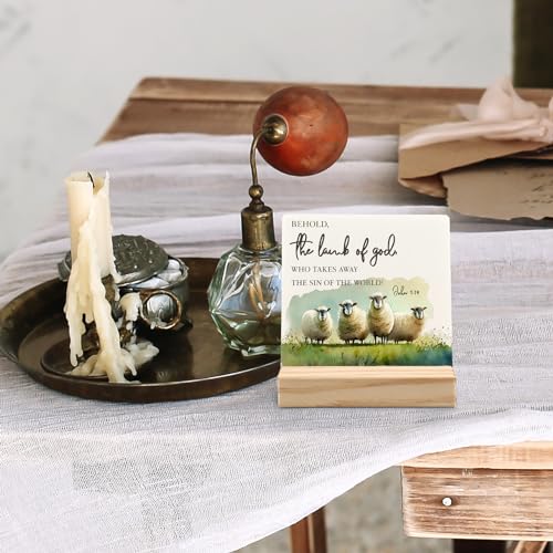 ANIANG Easter Christian Lamb Desk Decor, Lamb Decor, Religious Quotes Easter Wood Plaque, Christian Bible Verse the Lamb of God Wooden Plaque Sign with Wood Stand for Home Office Decor - Image 3