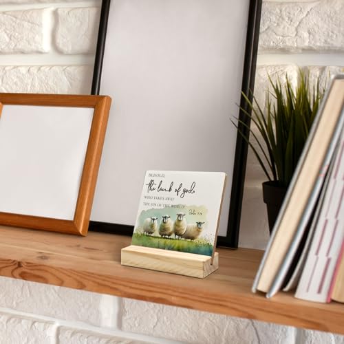 ANIANG Easter Christian Lamb Desk Decor, Lamb Decor, Religious Quotes Easter Wood Plaque, Christian Bible Verse the Lamb of God Wooden Plaque Sign with Wood Stand for Home Office Decor - Image 2