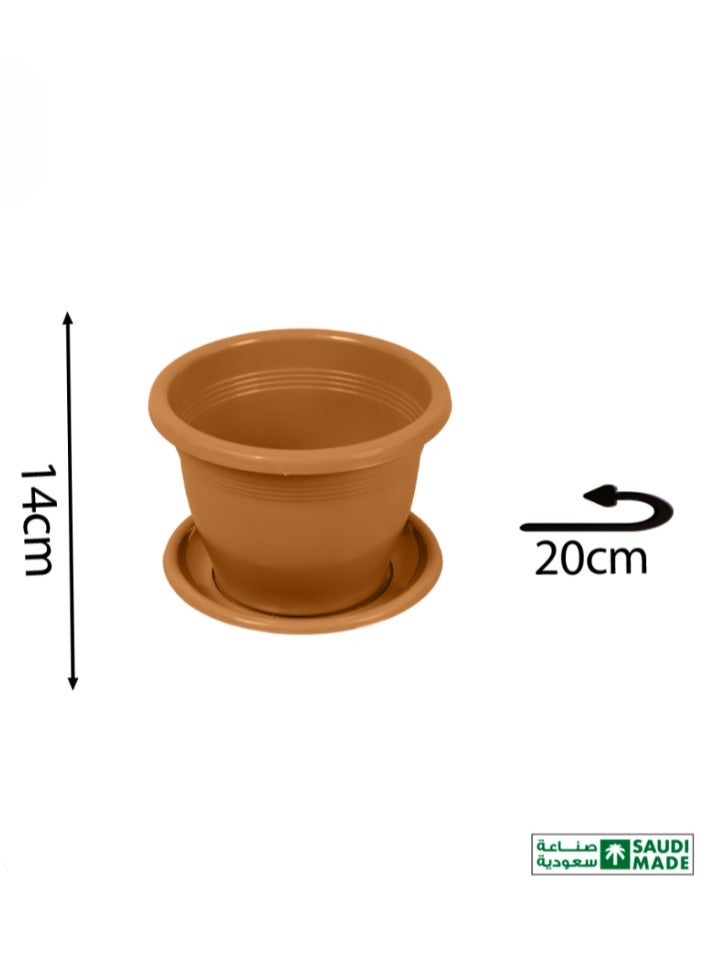 بلاستيكنا مركن زرع (أصيص) برواز دائري متين مقاوم لعوامل الطقس مع صينية، لون بني، مقاس 20 - Image 1
