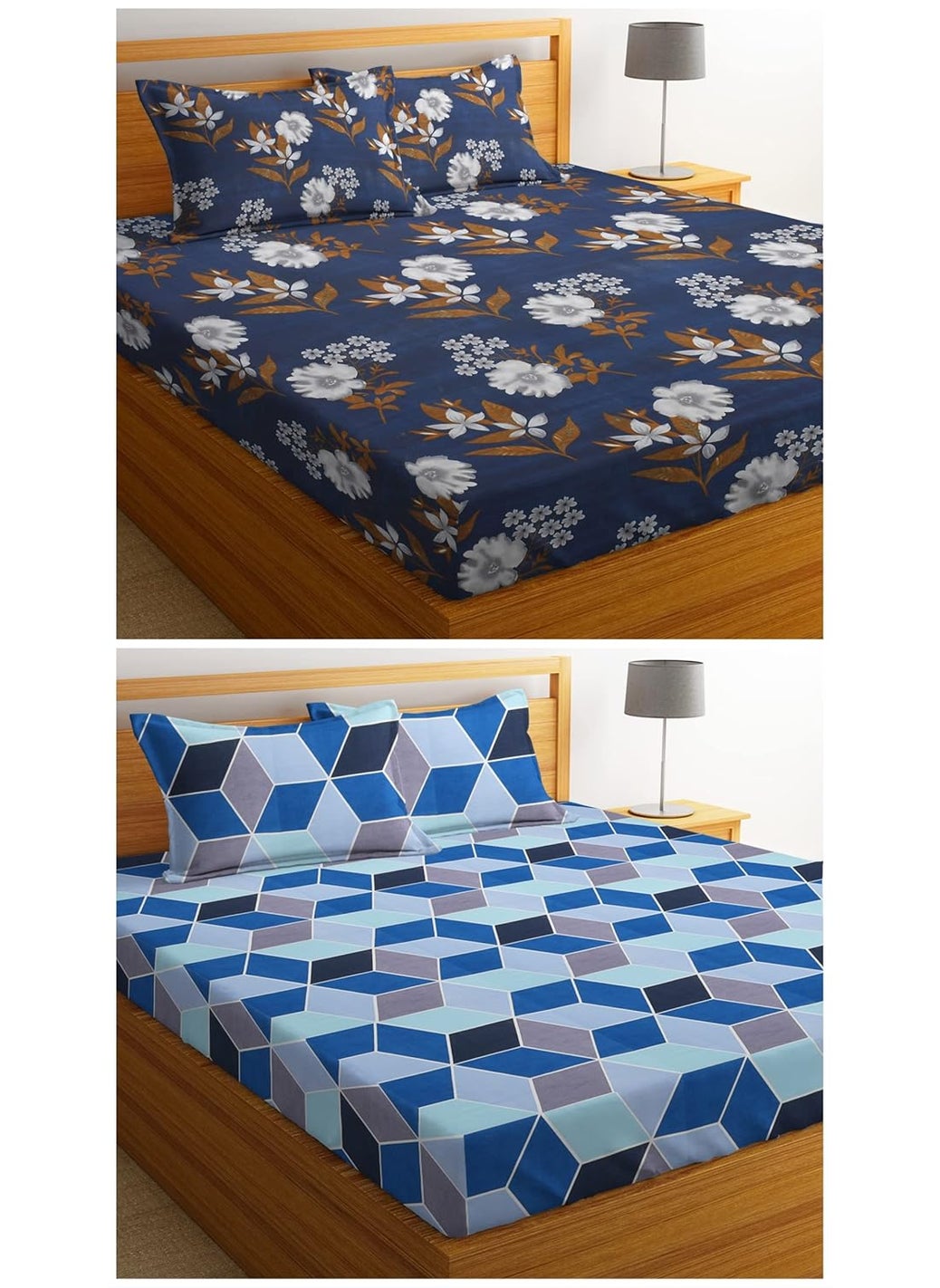 VAS COLLECTIONS - VAS COLLECTIONS Double Bedsheet Combo Pack of 2 Soft Brushed Microfiber 144 TC Set of 2 bedsheet with 4 Pillow Cover 6 Pcs Set Floral Orange Blue - Image 1