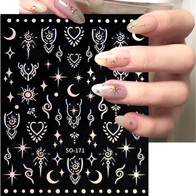 SPLOCUDU 12 Sheets Star Nail Art Stickers 3D Self-Adhesive Nail Decals Silver Aurora Gold Moon Nail Stickers for Nail Art Design Decoration Accessories for Women - Image 3
