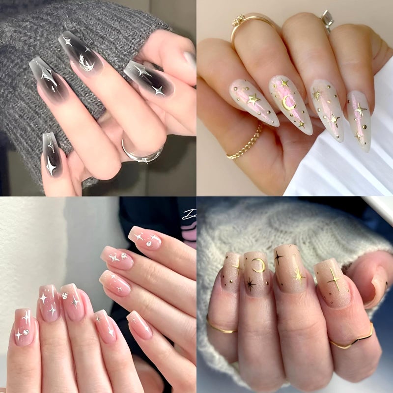 SPLOCUDU 12 Sheets Star Nail Art Stickers 3D Self-Adhesive Nail Decals Silver Aurora Gold Moon Nail Stickers for Nail Art Design Decoration Accessories for Women - Image 5