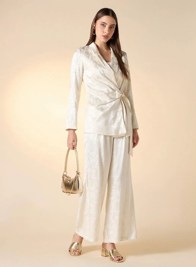 Iconic Iconic Regular Fit Textured Wide Leg Pants with Tie-Up Detail