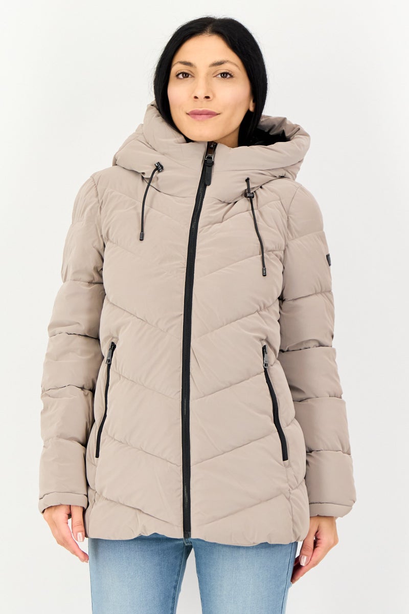 DKNY Women Quilted Puffer Jacket, Taupe - Image 1