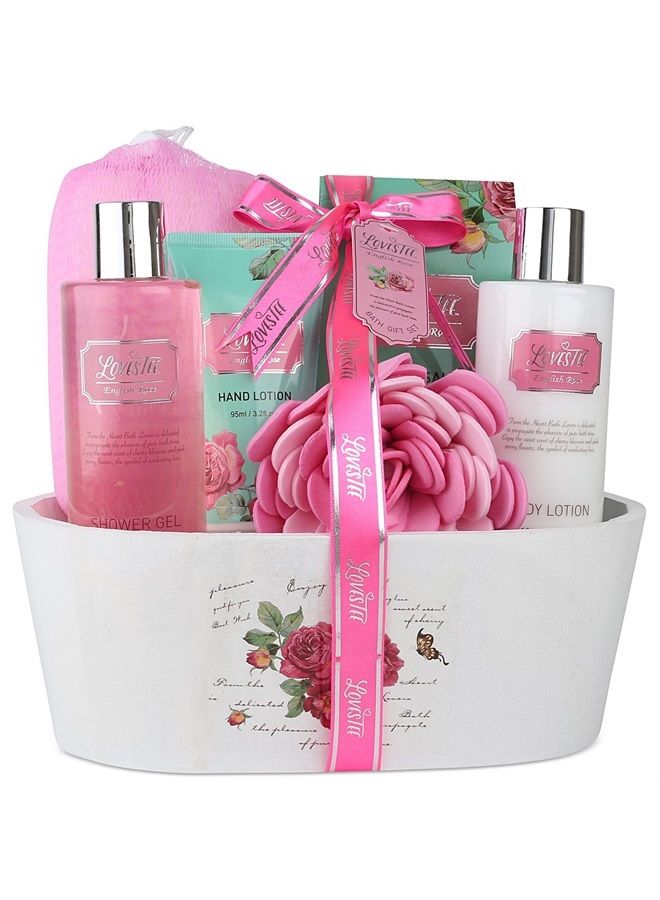 Lovestee Bath And Body Relaxing Bath Spa Kit For Men, Women and Teens, Gift Set Bath And Body Works- Natural English Rose Spa Gift Basket Includes Shower Gel, Bubble Bath, Body Lotion, Bath Salt, Sponge - Image 1