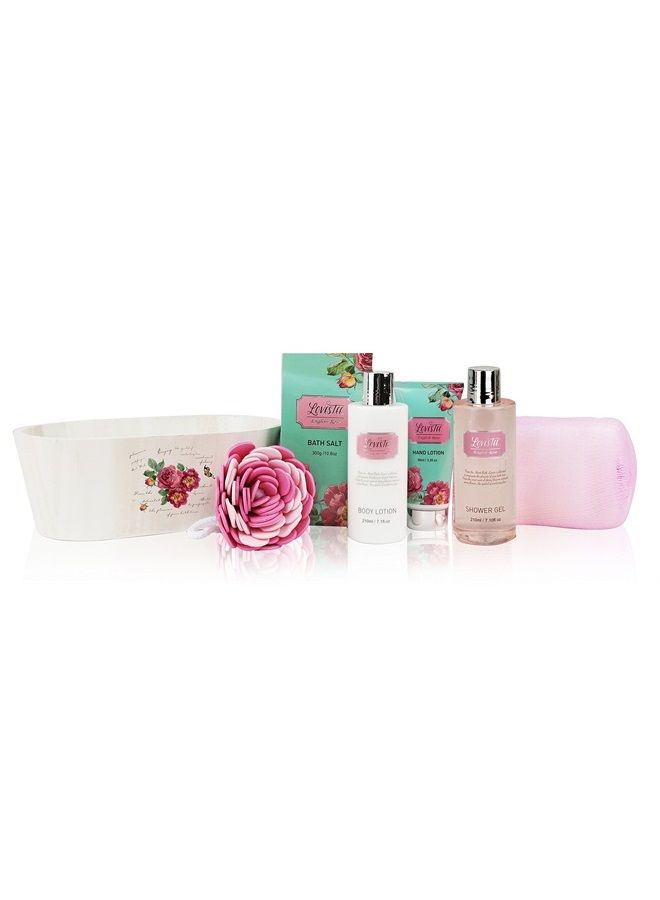 Lovestee Bath And Body Relaxing Bath Spa Kit For Men, Women and Teens, Gift Set Bath And Body Works- Natural English Rose Spa Gift Basket Includes Shower Gel, Bubble Bath, Body Lotion, Bath Salt, Sponge - Image 5
