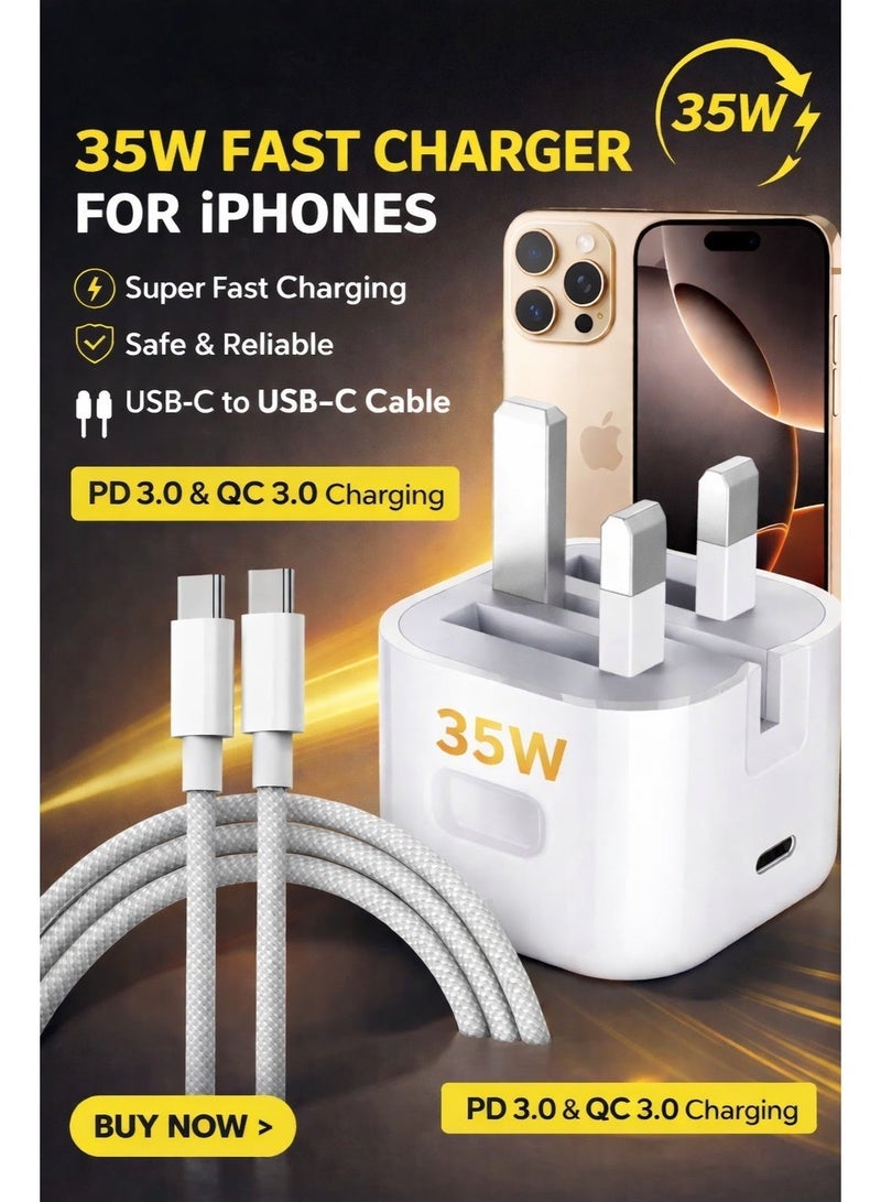 جون بولز شاحن سريع USB-C بقوة 35 واط لأجهزة iPhone، مع كابل USB-C إلى USB-C مجاني، يدعم الشحن السريع PD، متوافق مع iPhone 16 Pro و16 Pro Max وسلسلة iPhone 15 وأجهزة iPad والأجهزة المزودة بمنفذ USB-C. - Image 3